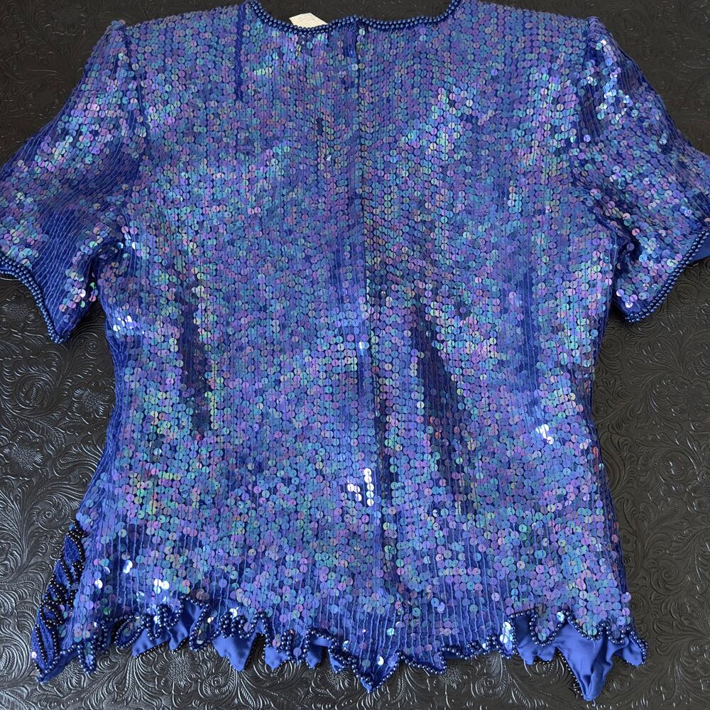 Stenay Cobalt Blue Hand-Beaded Silk Top - Sequin Vintage Glam - Handmade - XL - Picture 11 of 16